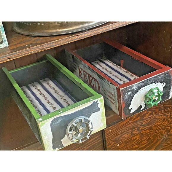 Farmhouse Wood Drawer Crate w/ Vintage Dairy Cow Spigot Handle, Green/Black - Picture 3 of 12